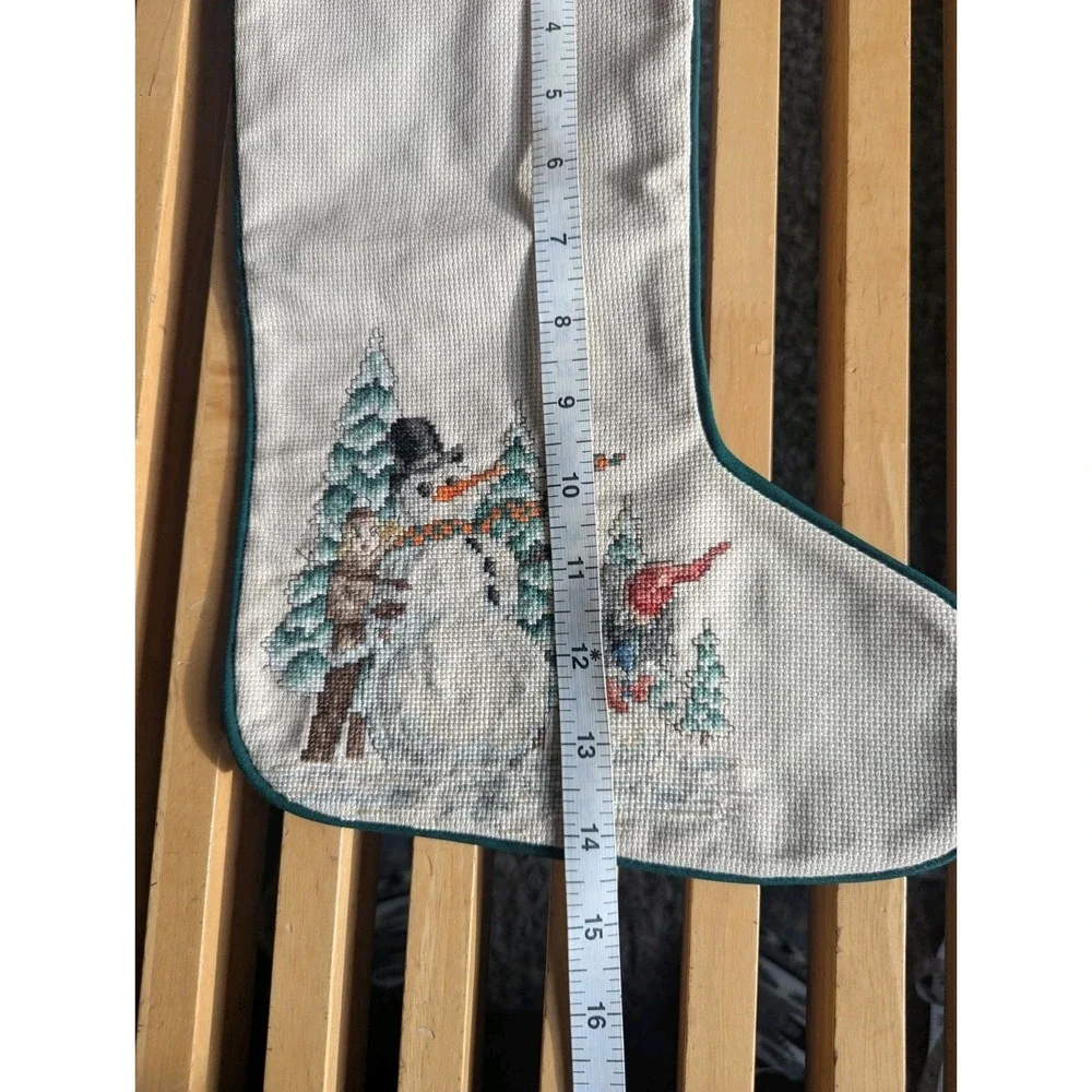 Vintage Cross Stitch Needlepoint Stocking Country Christmas Scene Snowman Child